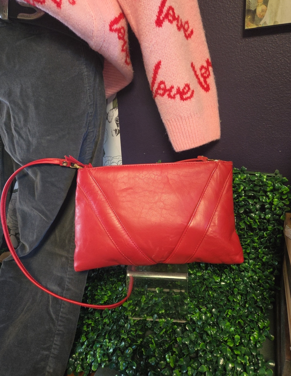 Vtg Classic Cherry Red Crossbody Bag with V-Panel Detail